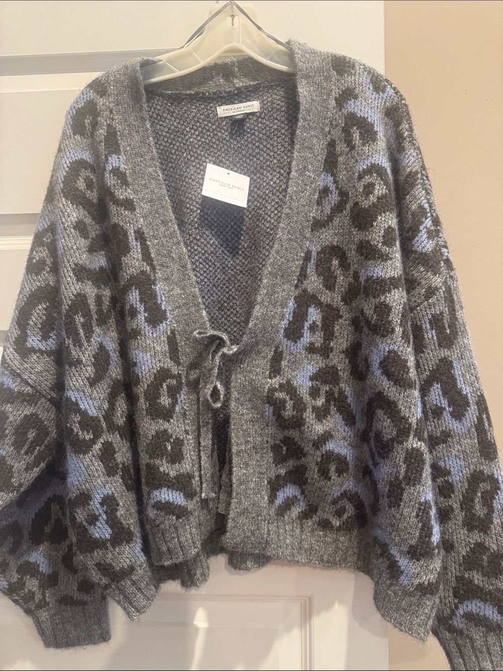 American Eagle Outfitters Gray and Light Blue Leopard Tie-Front Cardigan